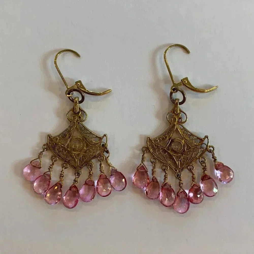 Handmade Pink Tourmaline Gold Vermeil Fan-Shaped Drop Earrings Bespoke Jewelry - Picture 3 of 5